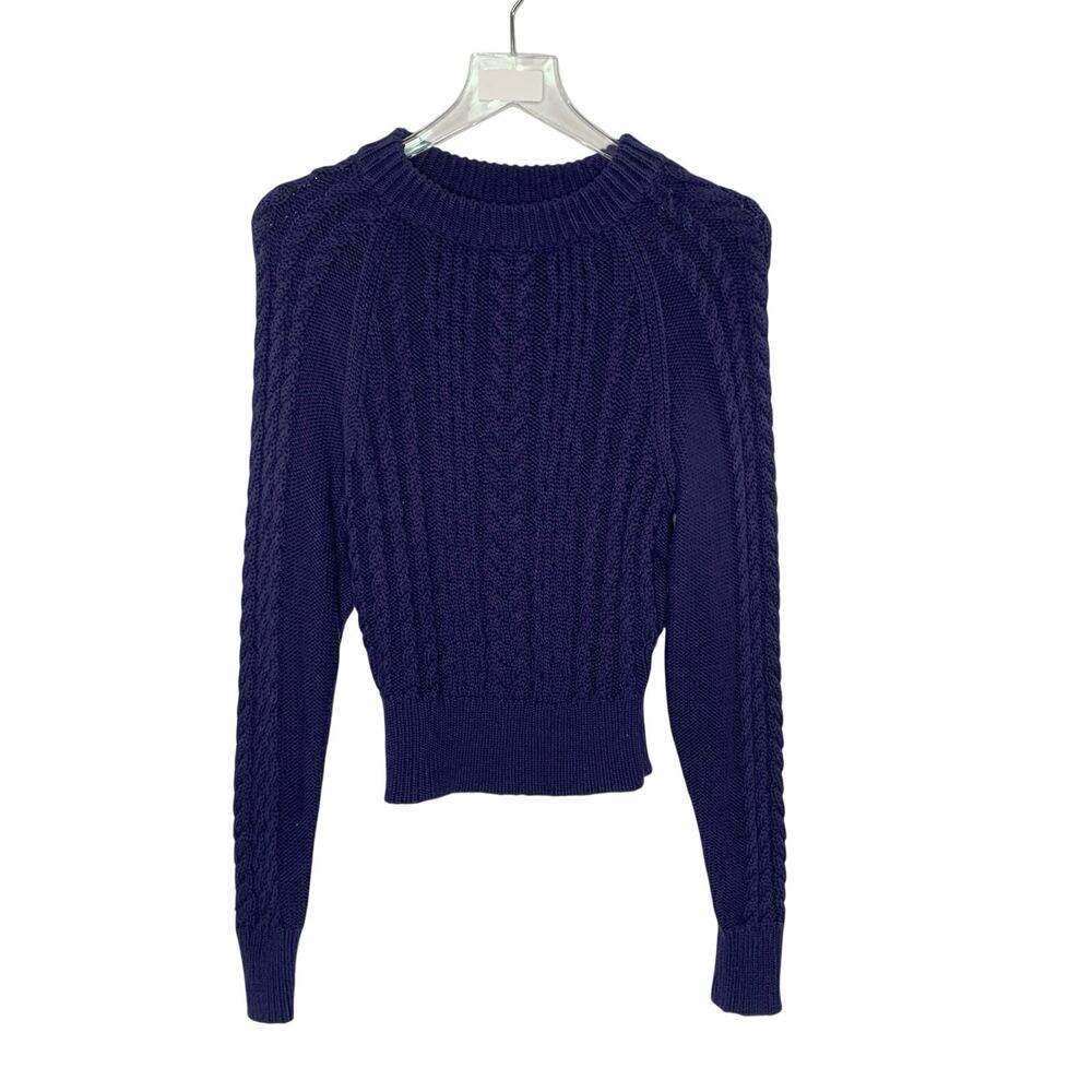 Anthropologie Navy Cropped Cableknit Sweater L Jumper Crew Neck 100% Cotton